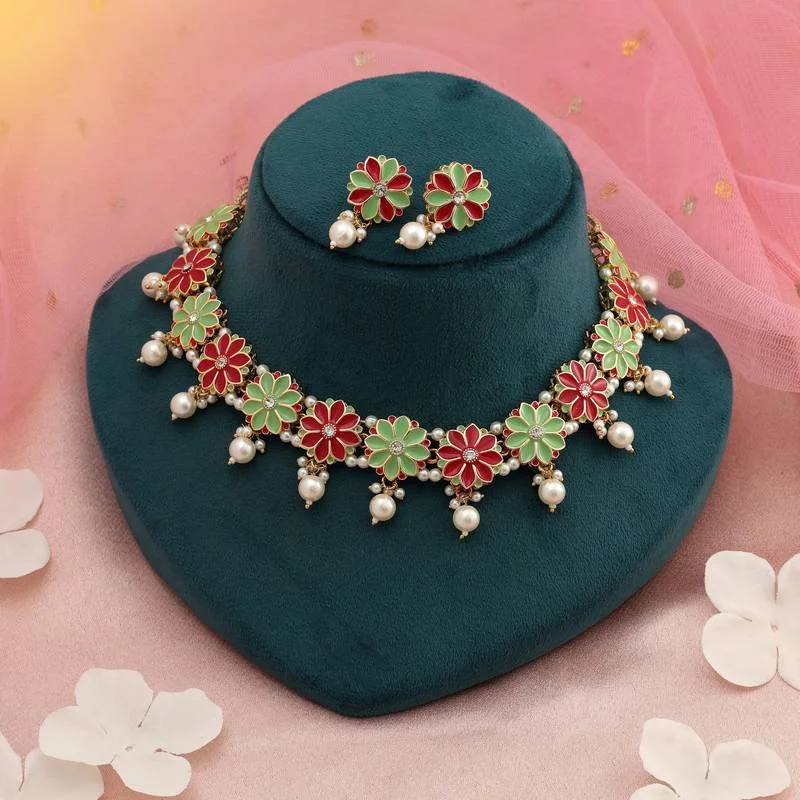 Floral Meenakari Necklace set - Rani & Pista Green